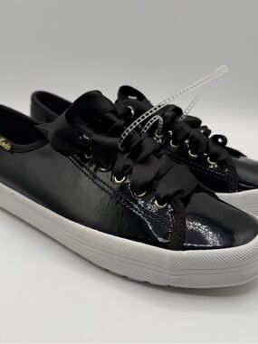 Keds Triple Kick Platform Sneakers Womens 7 Black Patent Ribbon Lace NWOB